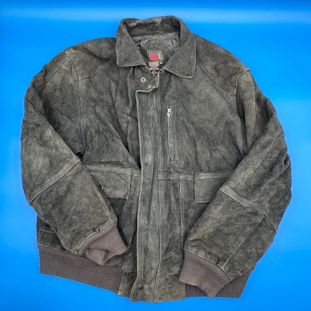 Hawk Creek Suede Bomber Jacket Mens XL Black Zip Pockets Collar Snap